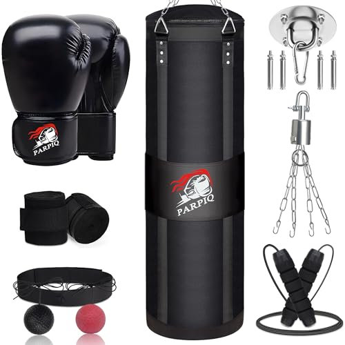 PARPIQ Hanging Punching Bag for Adults, 4ft New Upgrade Canvas/PU/Oxford Heavy Boxing Bag Set, Punching Bag with 12oz Boxing Gloves for MMA Kickboxing Muay Thai Training Home(Unfilled)