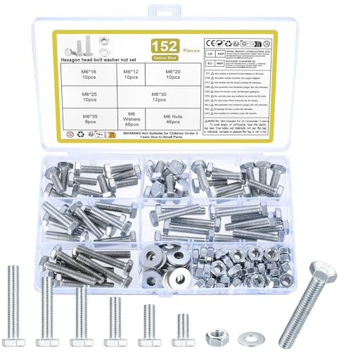 152 Stück M6 Schrauben Set, Sechskantschrauben Muttern Set, Gewindeschrauben Set, Maschinenschrauben Sortiment mit Unterlegscheiben Set, Sechskantkopfschrauben und Muttern Set