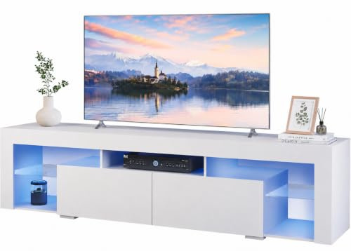 WLIVE LED TV Unit 160cm, TV Stand Cabinet with LED for TV Up to 70 Inch, 20 Colors RGB Wood Entertainment Unit with 6 Storage for Living Room Bedroom, White