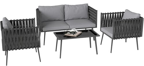 Outsunny Gartenmöbel Set 4 Personen wetterfest Balkonmöbel-Set mit 2er Sofa, Sessel Glastisch Sitzkissen Outdoor Sitzgruppe Gartengarnitur Gartenlounge für Garten Balkon Hellgrau