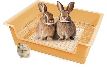 Kaninchen-Heu-Futterstation mit Kunststoff-Klo und Acryl-Heuraufe, Heu-Futterspender für Kaninchen, Meerschweinchen, Chinchilla, Häschen und andere Kleintiere (Gelb, Kaninchentoilette)