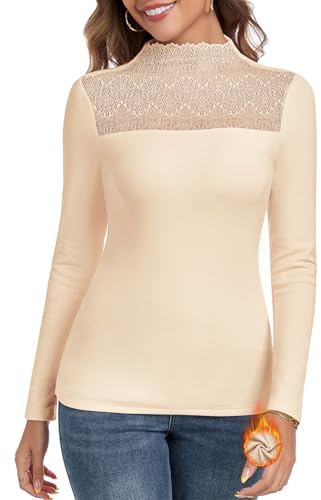 WOWENY Maglia termica da donna a maniche lunghe, top caldi con pizzo, pullover, maglia termica da donna, maglia funzionale, pullover a collo alto, canottiera invernale, albicocca, L