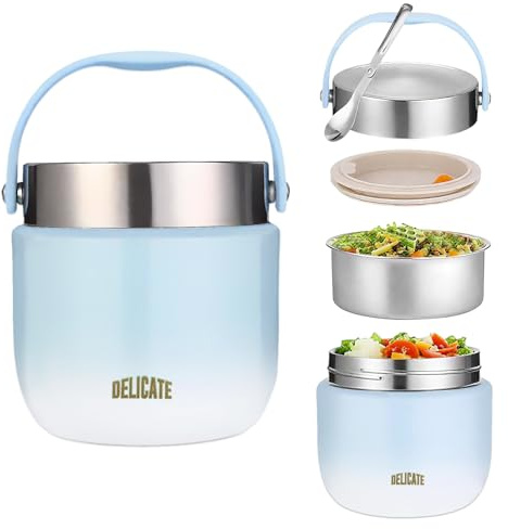Termosbehållare för mat 1 200 ml rostfritt stål varmhållningsbehållare med vikbar sked termosmugg mat isolerad livsmedelsbehållare termolåda, lunchlåda termobarn för förvaring (blå)
