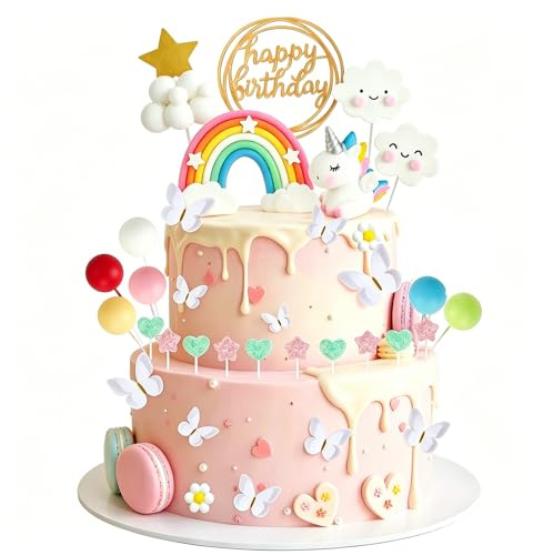 33 Stück Einhorn Tortendeko Geburtstag, Einhorn Kuchen Deko mit Tortendeko Schmetterling, Torten Deko Mädchen, Tortendekos Geburtstag Mädchen für Cupcake, Geburtstagskuchen