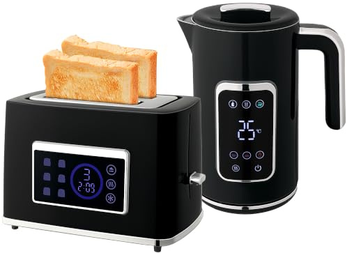 HOMCOM Bouilloire Toaster Set 1,7L inox Bouilloire 2 tranches Toaster 2200W Set petit déjeuner avec 6 niveaux de brunissage, fonction mémoire, décongélation, réchauffage, compartiment à miettes,