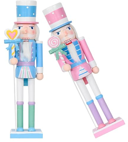DIYEAH Statuette Natalizie Schiaccianoci in Legno Pastello Set 2 Pezzi Soldatini Decorativi a Forma di Pupazzi per Centrotavola e Bomboniere Festa di Natale