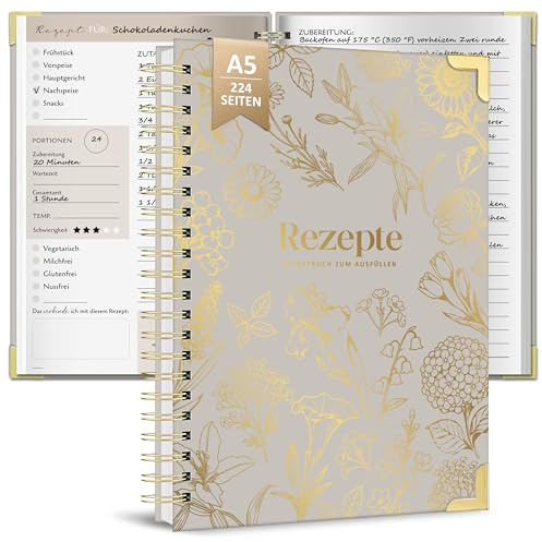 BIROYAL Rezeptbuch zum Selberschreiben A5 mit Zutatenersatztabelle,Warmgrau | Hardcover Kochbuch mit Umrechnungstabelle & Saisonkalender, 120g Dickes Papier, Platz für 100 Rezepte, Doppelseite pro Rezept