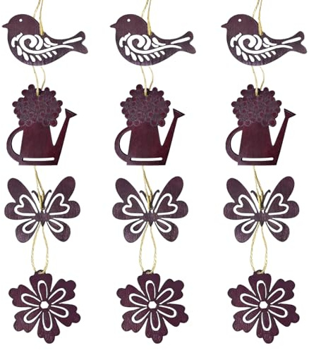BosuLai Decoración colgante de primavera, 12 unidades, decoración vintage para colgar, óxido, decoración de jardín de Pascua, pájaro, flores, regadera, mariposa, juego de decoración para ventanas