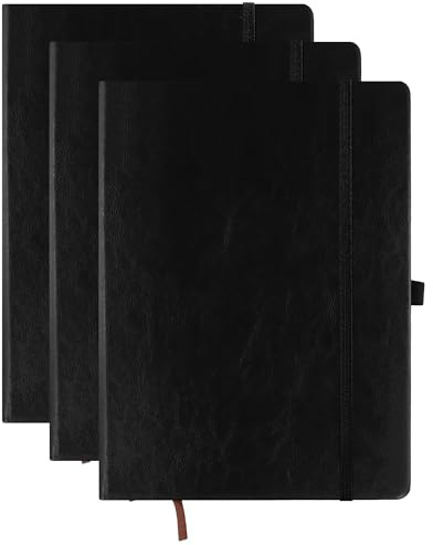 JIAYUET 3er-Set Notizbuch A4 Liniert, Schwarz Notizbuch, 200 Seiten, 100 Blatt, Hardcover PU-Einband, 80 g/m² Papier, Notizbuch mit Verschluss, Lesezeichen und Stiftschlaufe für Notizen, Planu