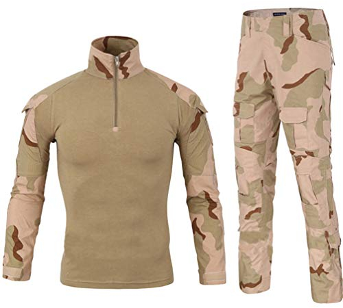 YuanDian Herren Tactical Camouflage Uniformen 2 Stück Sets Outdoor Militär Combat Frosch Anzug Armee Jagd Hosen Atmungsaktiv Langarm T Shirt Top Tarnmuster Bekleidung Tricolor Wüste XL