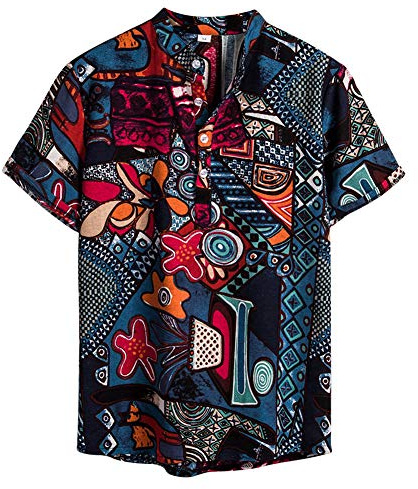 NEWISTAR Leinenhemd Herren Kurzarm Sommerhemd Henley Hemd Kuba für Männer Stehkragen Casual Slim Fit Freizeithemd Baumwolle Gemustertes Blusen Sommerhemd Bunt,M