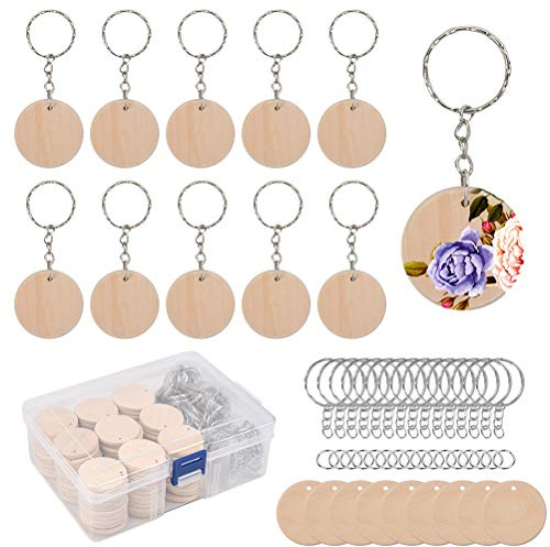 100 st runda träskivor med 100 nyckelringar, runda nyckelringar i trä, rund träbit lämplig för hantverk, scrapbooking, utsmyckningar, anpassade projekt