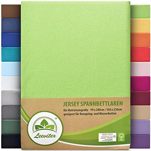 leevitex® Premium Spannbettlaken 90x200-100x220 cm - 40 cm Steg - auch für Boxspringbett & Wasserbett | 100% Mako-Jersey-Baumwolle | ÖKO-TEX | 170g/m² | Apfelgrün/Hellgrün