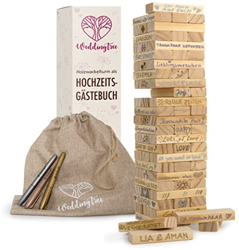 WeddingTree Holzturm als Gästebuch Hochzeit - Mit 72 Steinen, Aufbewahrungsbeutel und 3 Metallic Markern - Hochzeitsspiel als Gästebuch Alternative - Hochzeit Ideen (Natur)