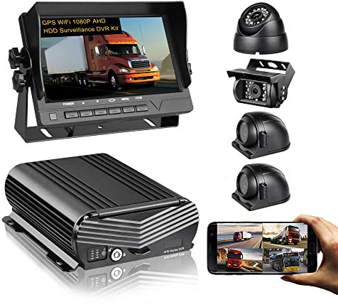 Tuamber-X WIFI GPS 4 Channel Mobile DVR Kit 1080P AHD HDD Car DVR Camera System with 4pcs 2.0MP Camera,7 inch VGA IPS Monitor for Truck School Bus RVS Motorhome