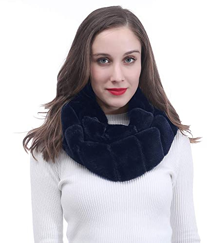 Lina & Lily Faux Fur Winter Double Loop Infinity Scarf (Navy Blue)