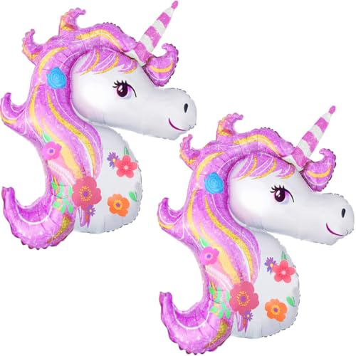 Einhorn Folienballons Deko 2 Riesen Folie Einhornballons XXL 40 Luftballons fur Geburtstagsdeko Mädchen, Kindergeburtstag Deko Rosa, Geburtstags Party. Fliegt mit Helium