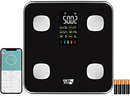 Get Fit Smart Body Fat Bathroom Scales - Monitor Weight Loss Digital Weighing Scale, 15 Body Composition Monitor Through BIA Technology, Free App Fitdays/Onfit & Large Colored VA LED Screen - Black