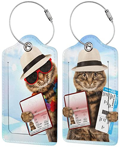 2 Stück lustige Katzen-Gepäckanhänger für Koffer, Damen, Herren, Kinder, Taschenanhänger für Ledergepäck mit wasserdichten Kofferanhängern, Stahlschlaufe für Reisetasche, Koffer (lustige Katze)