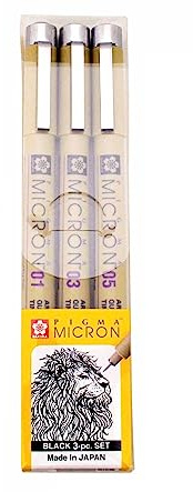 Sakura Pigma Micron – Pigment Fineliner-pennor – 01/03/05 – Förpackning med 3 – Svart bläck
