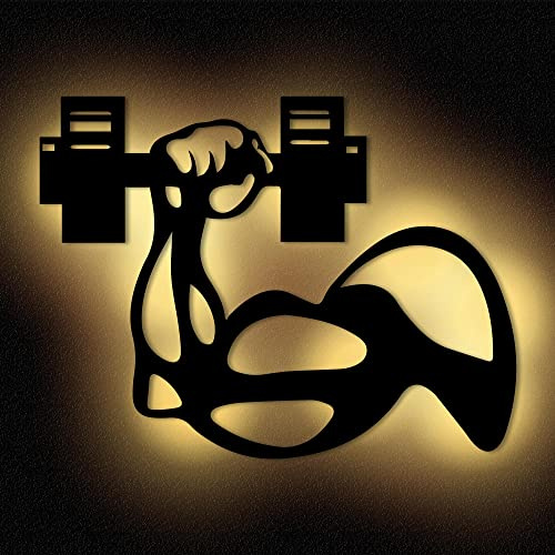 Namofactur DIY-Wandlampe Fitness-Arm mit Hantel aus Holz | Selbstbauset mit warmweißer LED-Hintergrundbeleuchtung und Batteriebetrieb – Wanddeko für Fitnessbegeisterte