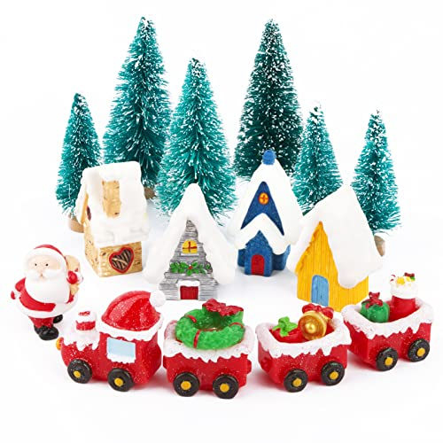 COLOFALLA 20pcs Miniature Christmas Decorations Christmas Cake Deocrations Resin Mini Christmas Figures Xmas Train Tree Santa Claus Small Xmas Decor