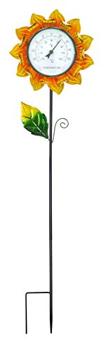 Genikeer Jardin Extérieur Solaire, 40 Pouces Thermomètre Extérieur Décoratif avec Piquet en Métal, Thermomètre AnalogiqueTournesol pour Pelouse, Cour, Patio