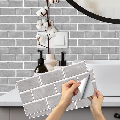Grey Brick Tile Stickers, 12pcs Peel and Stick Wallpaper Transfers Sticker for Kitchen Bathroom Self Adhesive Vinyl Splashback Wall Tile for Home Decor 15x30 cm