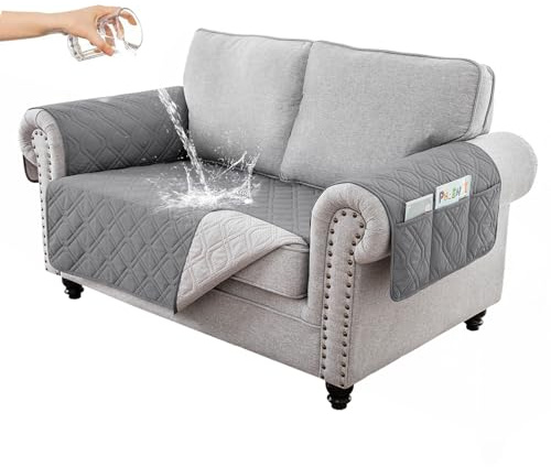 RAPRAP 100% Wasserdicht Sofa überzug 2 Sitzer, rutschfest Sofabezug mit Tasche für Kinder, Haustiere, Hunde, Waschbare Sofaschoner,Grau,2 Seater