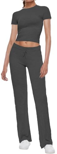 AnotherChill 2-teiliges Lounge-Set für Damen, gerades Bein, kurze Ärmel, bauchfreies T-Shirt, Freizeitkleidung, bequeme Kleidung, dunkelgrau, M
