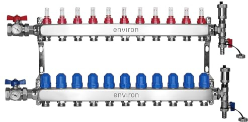 ENVIRON- Heizkreisverteiler [2-12 Heizkreise] mit Kugelhahn Set und Schnellentlüfter Set | Fußbodenheizung Heizung (11 Heizkreise)