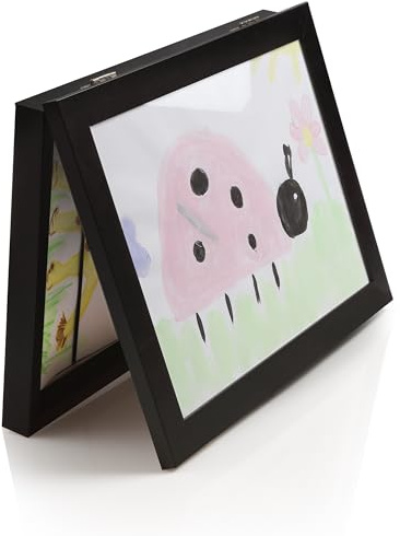 Lulubug Bilderrahmen Kinderzeichnungen A4 - für 150 Bilder | Frontöffnung, Drehmechanismus, Tischaufsteller, Magnetverschluss | Schwarz, 34,5x25cm