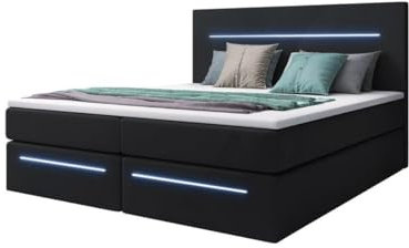 Boxspringbett Sejour 180x200 Doppelbett Polsterbett Bett mit LED-Beleuchtung und Stauraum | Bezug: Kunstleder | Farbe: Schwarz | Härtegrad: H4 (100kg+)