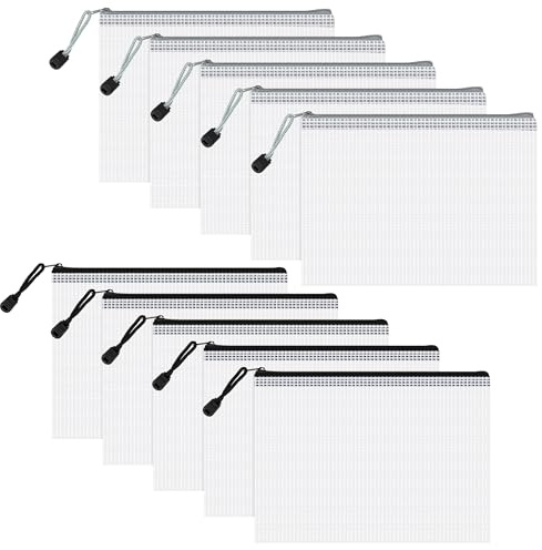 Heveer Dokumententasche mit Reißverschluss A5 Mesh Zip Bag Wasserdichte Document Case für Datei Papier Quittungen 10 Stück Schwarz Grau