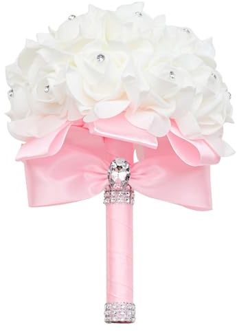 Brautstrauß mit Strass, Hochzeit Blumenstrauß Braut Brautjungfer Brautjungfern Bouquet ø18CM Blumensträusse Hochzeit Künstlich Silk Blume für Hochzeit, Fotoshooting (1-Rosa,ø18x24CM)