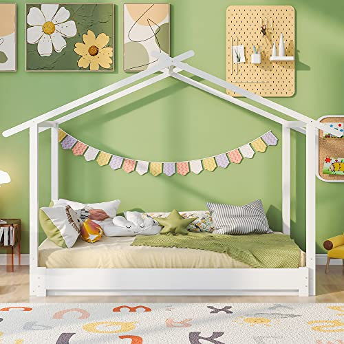 REXO Hausbett 90/180 x 190cm Holz Kinderbett für Mädchen & Jungen Massivholz Kinder Bett umbaubar Bodenbett mit Lattenrost (weiß)