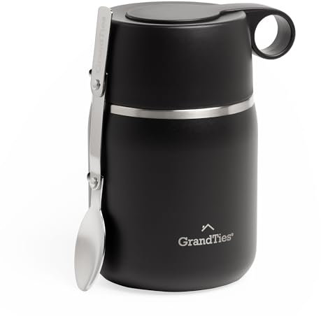 GRANDTIES Insulated Food Jar, 20 oz Wide Mouth Thermo BPA Free Stainless Steel Container for Hot Food with Carry Handle Bowl Cap & Foldable Spoon, Leakproof for Lunch To Go Meals (Midnight Black)