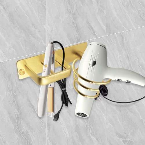OlBuWa Support de sèche-cheveux en spirale avec support de rangement pour câbles pour salle de bain Doré
