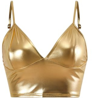 SamHeng Women's Metallic Crop Top Vest Sleeveless Wet Look Sexy V-Neck Camisole Shiny Rave Bra for Dance Festivals Costumes Night Club Party(Gold/L)