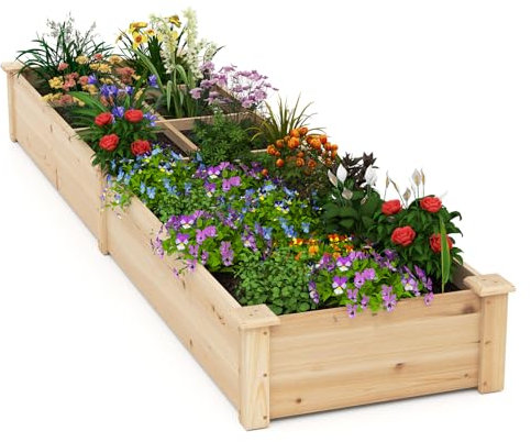 COSTWAY Huerto Urbano Exterior, 228 x 62 x 25 cm, Jardinería Elevada de Madera, Cama Elevada de Jardín con 2 Cajas de Cultivo y Divisores para Flores, Vegetales, Jardineras para Patio Jardín Césped