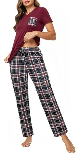 Crewhpo Ensemble Pyjama Femme Col V T-Shirt Manches Courtes Style Sport | Tissu Doux et Respirant, Haut Col V à Manches Courtes, Pantalon Long à Carreaux, Pour Maison et Mi-Saison, pour le Quotidien