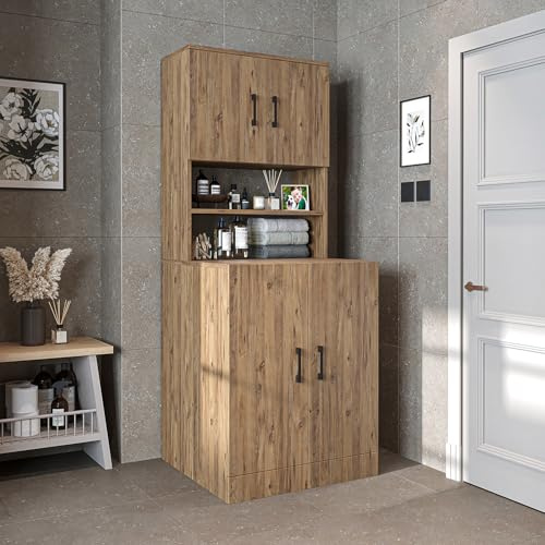 ROOMART, Salle de bain, armoire de machine à laver, tour de lavage, étagère de machine à laver, superstructure de machine à laver - Lg : 70 x 180 x 69 cm (avec armoire supérieure, chêne)