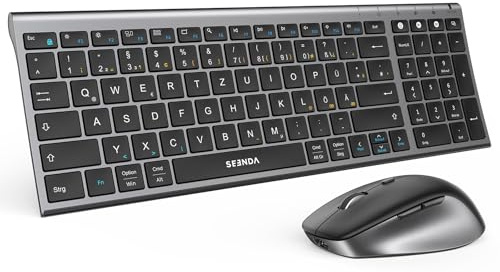 SEENDA COE401 Bluetooth Tastatur mit Maus, Metall, 3-Geräte, QWERTZ, Grau | Ultradünne Metall-Tastatur + Leise Funkmaus,für Windows/Mac/iPad/Android