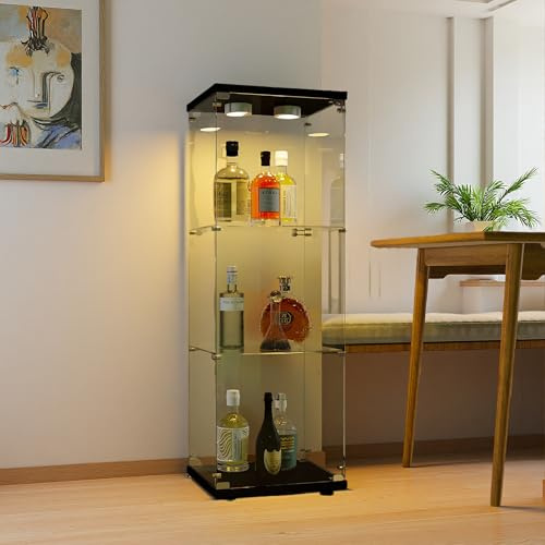 SUNFECILI Vitrine,Glasvitrine Standvitrine,1 Tür,Glasvitrine mit Schloss für Sammlerstücke,Bücher und Wein,Ideal für Wohnzimmer und Büro (Schwarz, 3 Strati)