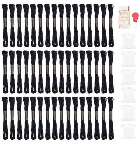 FREEBLOSS 48 Knäuel Stickgarn Schwarzes Kreuzstichgarn Set Mit Garnspulen Nadeleinfädler Und 16 Sticknadel 8.7 Yards Pro Strang 6 Stränge