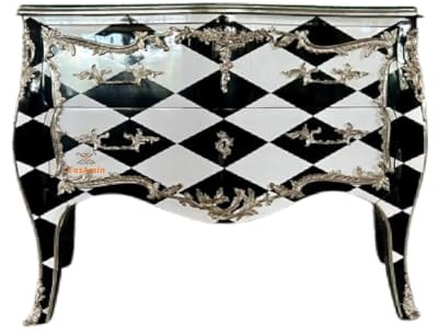CasAmin Home & Living Commode noire et blanche de style baroque français, 120 cm de large, table de chevet faite à la main avec motif losanges et 2 tiroirs pour décoration de chambre à coucher