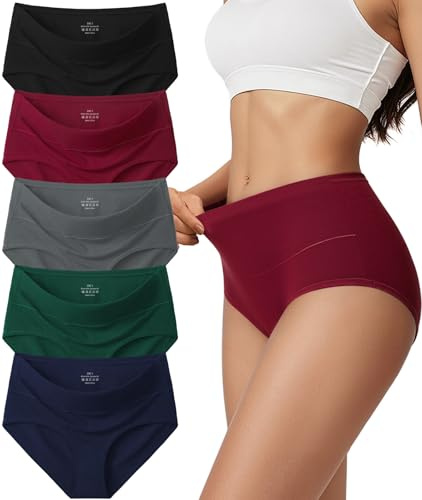 Vevmon Cotton Underwear for Women High Waisted Full Coverage Briefs Soft Ladies Panties 5 Pack (US, Alpha, 3X-Large, Regular, Regular, A-5 Pack 5 Colors)