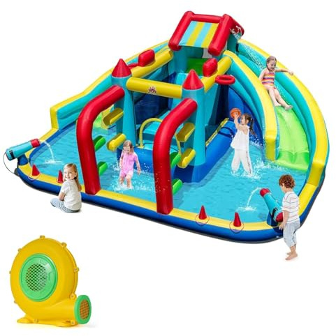 COSTWAY Inflatable Water Park, Giant Kids Bouncy Castle Jumper House with Dual Slides, Obstacle Course, Water Cannons, Climbing Wall, Splash Pool, Ring Toss, 473 x 370 x 221cm (with blower)