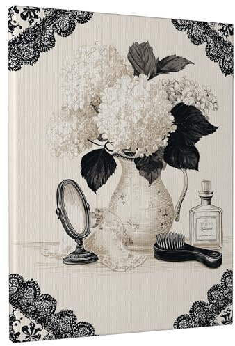 Toile murale vintage à motif floral d'hortensia noir et blanc, esthétique élégante pour salon, chambre à coucher, salle de bain, bureau, 30,5 x 40,6 cm