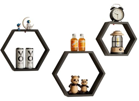 Laneryin 3er-Set Schwebendes Sechseck-Regal Wandregal, Hexagon aus Holz, Wand-Dekorationsregal, Retro Wabenregale für Badezimmer, Schlafzimmer, Wohnzimmer
